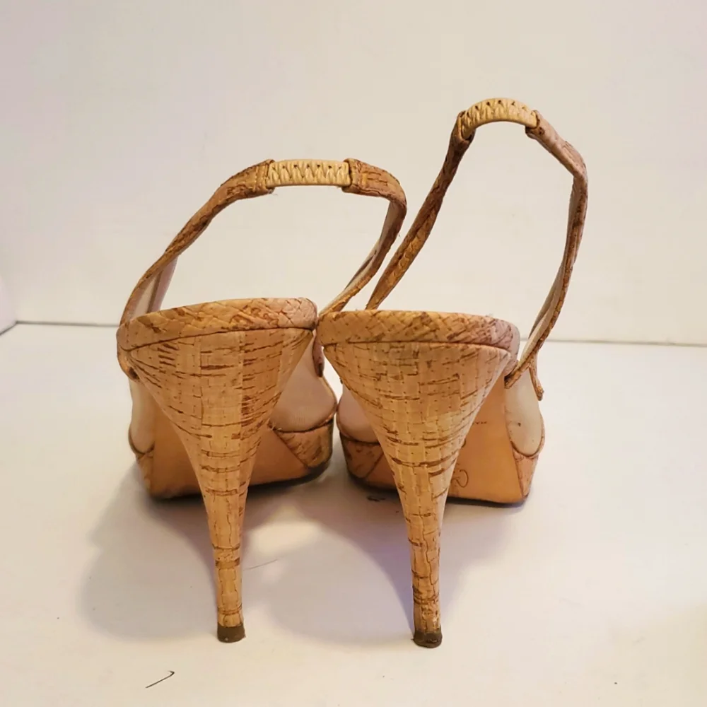 Oscar de la Renta Cork Mesh Slingback Peeptoe Heels Size 9 - Picture 3 of 12